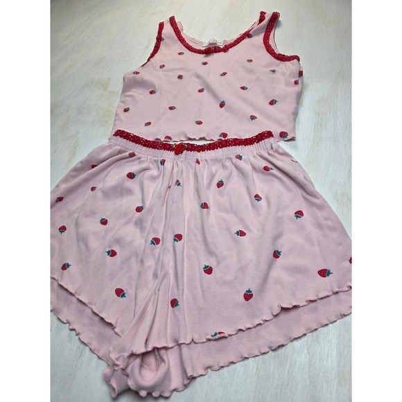 Love & Lazy Days Other - Love & Lazy Days Strawberry Pajama Set Pink Cotton Lace Cottagecore Kids Small